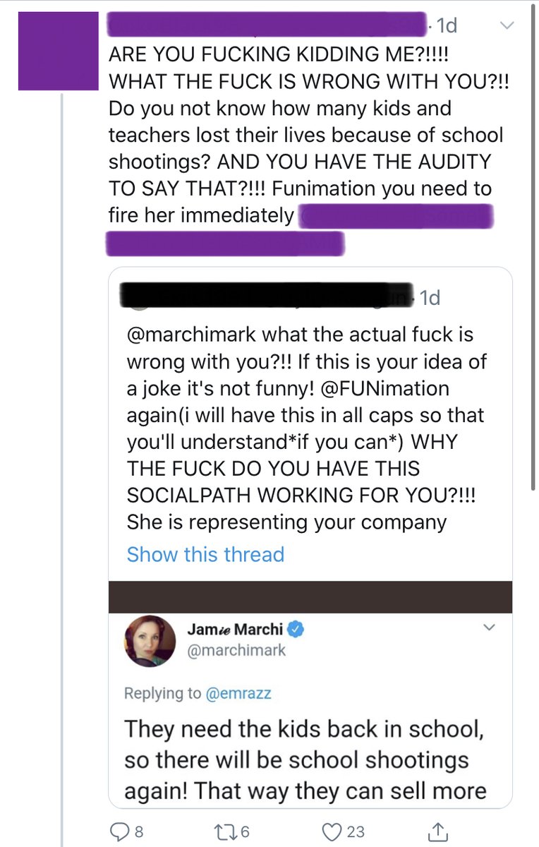 This has resulted in calls for her to be fired and that FUNimation is a corrupt place that supports a sociopath that wants people to be killed.Now, after carefully analyzing her post and the thread it was in, the accusations start to fall apart. (2/13)