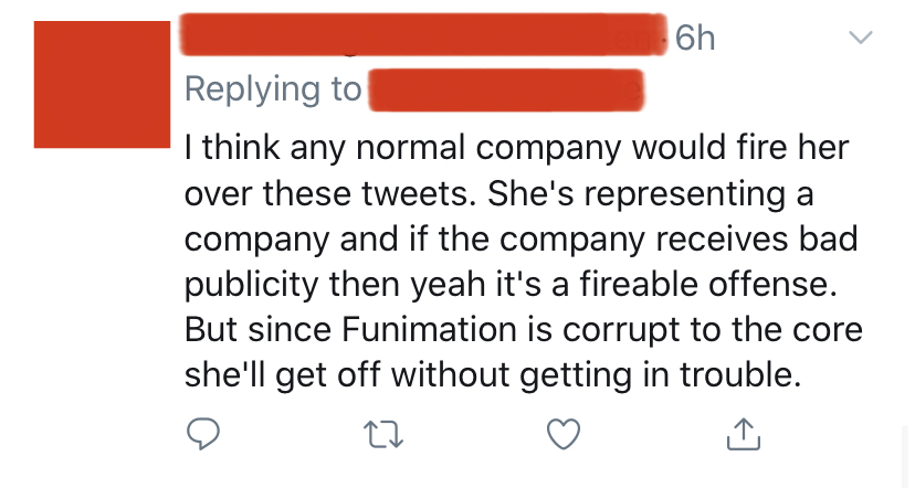 This has resulted in calls for her to be fired and that FUNimation is a corrupt place that supports a sociopath that wants people to be killed.Now, after carefully analyzing her post and the thread it was in, the accusations start to fall apart. (2/13)