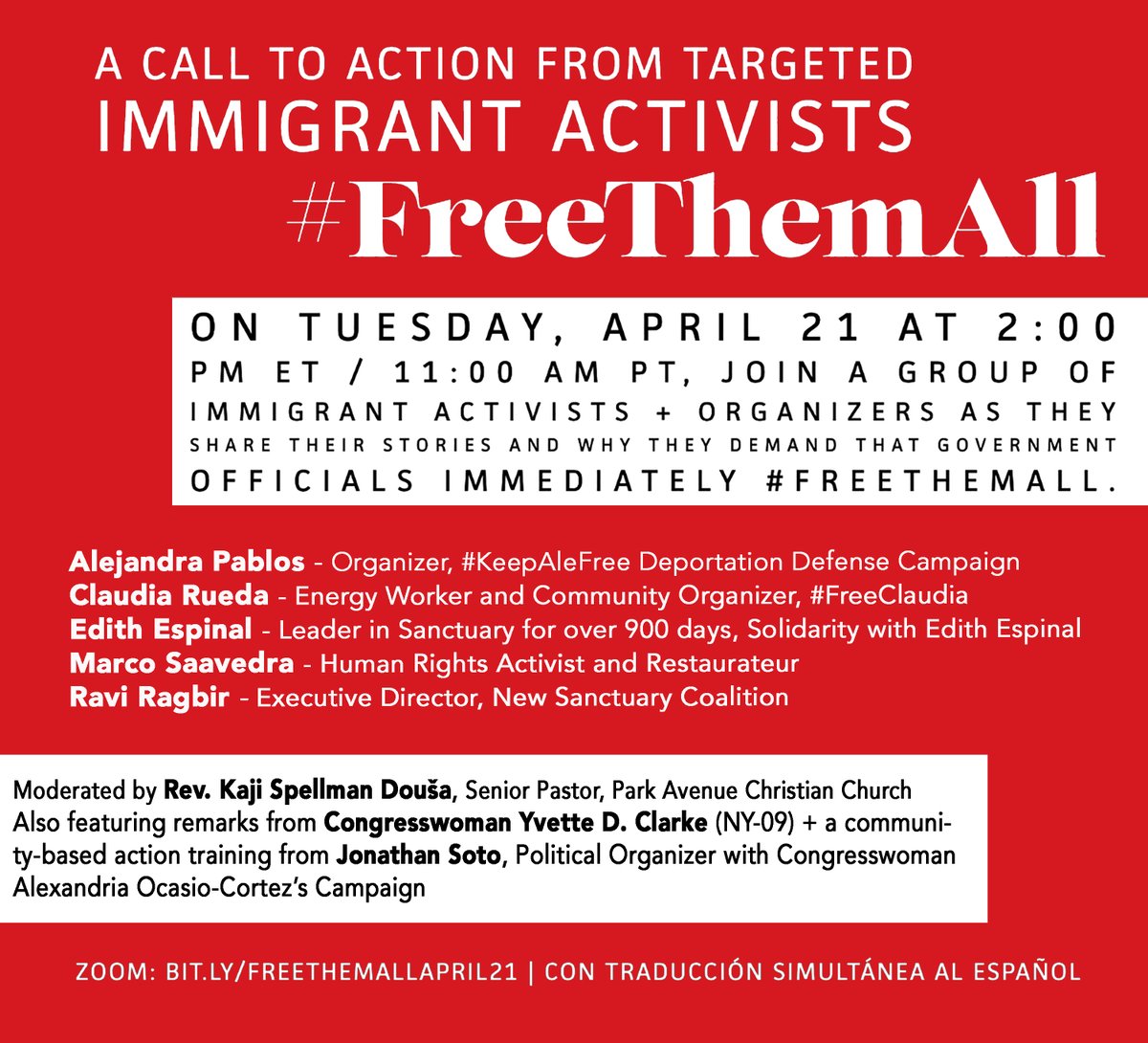 ***#FreeThemAll Webinar***

Featuring targeted immigrant activists @AleLaPlebe Claudia Rueda @letedithstay @marcoprefersnot @RaviR16 @KajiDousa with @RepYvetteClarke 

When: Tues 4/21 at 2pm ET/11am PT

bit.ly/freethemallapr…