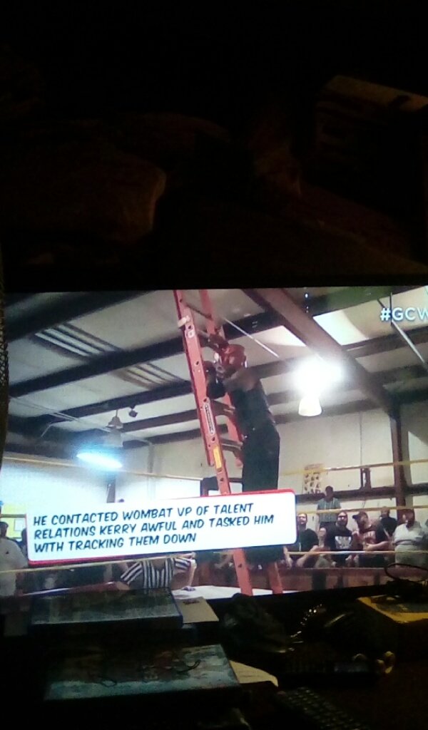 thepeachy16's tweet photo. That ladder isn't safe #GCWPopUp #WatchIWTV @indiewrestling @GCWrestling_ #ThatsNotSafe https://t.co/8RAFma87Sv
