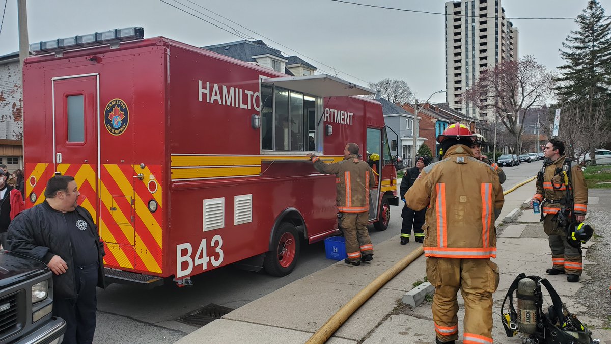 Volunteers with <a href="/HamiltonFireDep/">Hamilton Fire Department</a> Box 43 providing support to firefighters at the earlier multiple alarm fire on Wilson Street.  #HamOnt