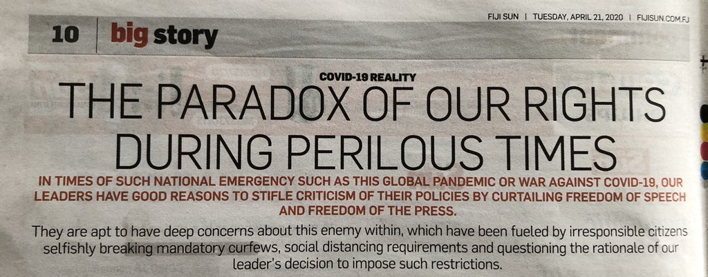 dylan_kava's tweet photo. “...our leaders have good reasons to stifle criticism of their policies by curtailing freedom of speech and freedom of the press.”

Since when are our constitutional and human rights conditional? @Roshikadeo @angry_kpra @pseudofijian @abdulmshaheed https://t.co/RyBeNypLki