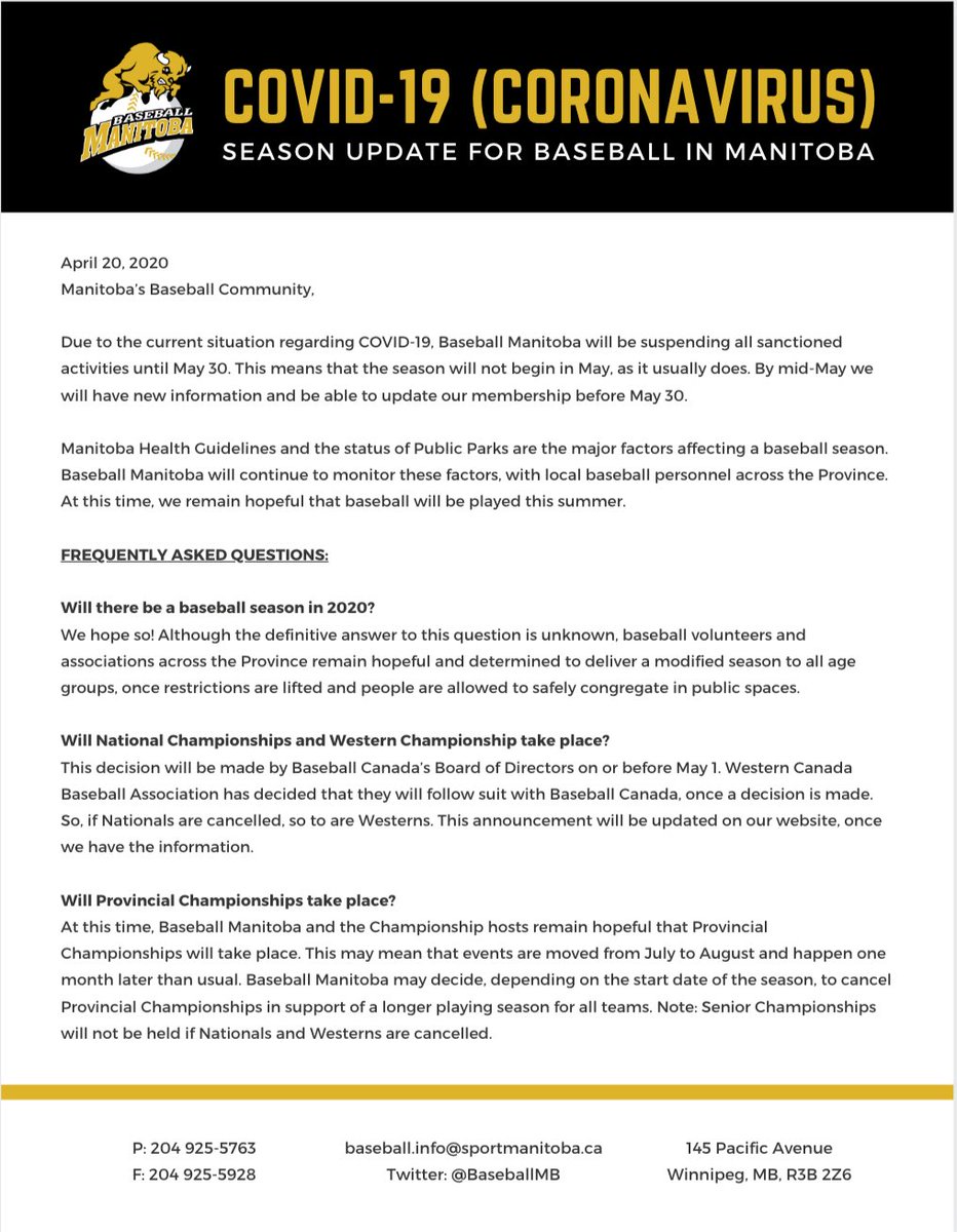 BaseballMB's tweet photo. UPDATE: COVID-19 (Coronavirus) related to baseball in Manitoba:

Find more information on our website ⬇️

🔗: https://t.co/hGNoP8OL7I https://t.co/KdvJH9Djkm