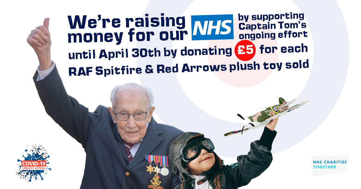 To commemorate Captain Tom’s incredible achievements we will be donating £5 from the sale of every one of our RAF Spitfire &amp; Red Arrows soft toys from now until his birthday on April 30th!

lnkd.in/dMWsZyA

#charity #nhscharitiestogether #captaintommoore #toyindustry #RAF