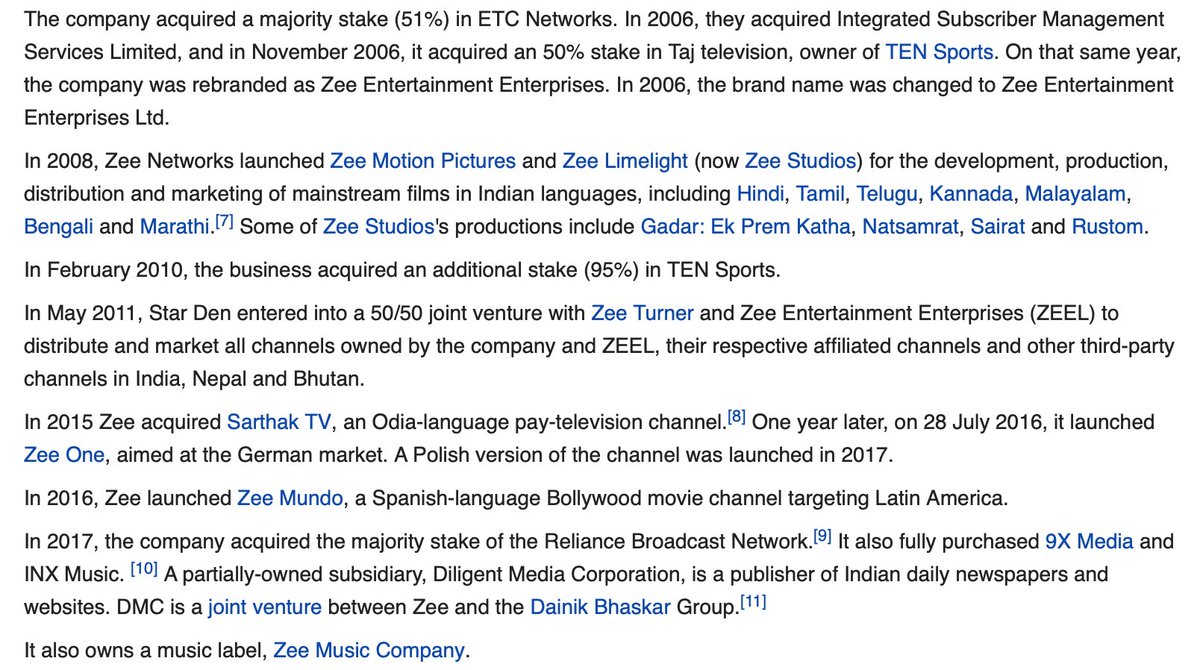 Some of the latest developments with ZEEL over the past few years. Not the joint venture DMC with Zee and the Dainik Bhaskar Newspaper group & mojority stake in the Reliance Broadcast Network & the 50/50 joint venture with Star Den