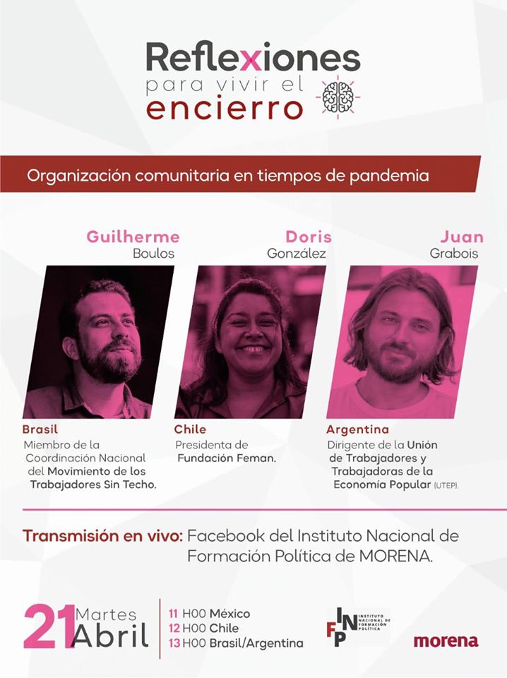 "Organización comunitaria en tiempos de pandemia" Nuestra vocera nacional <a href="/doris_gonzalez_/">Doris Gonzalez</a>  estará este Martes a las 12.00 hrs (hora Chile) en Fb Live junto a <a href="/GuilhermeBoulos/">Guilherme Boulos</a> del <a href="/mtst/">MTST</a>  y <a href="/JuanGrabois/">Juan Grabois</a> de la <a href="/UTEPoficial/">UTEP</a> 
Por Facebook de <a href="/infpmorena/">INFP Morena</a> 
<a href="/Stefiduarte2/">Stephanie Duarte Moreno</a>  <a href="/_VictoriaH__/">Victoria Herrera</a>