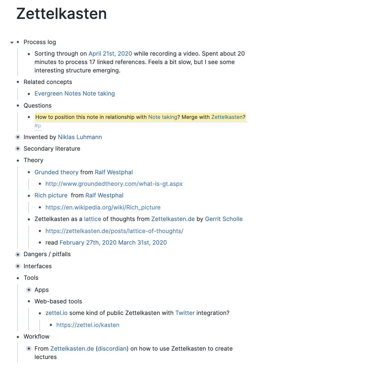 Would love your thoughts on this process, and how you would do it differently - I'm still experimenting. I also put all of my Zettelkasten notes with linked references (using roam-export) here  https://roamresearch.com/#/app/stian-research/page/T6_xWjuVP  https://twitter.com/houshuang/status/1251943341660520449  @ctietze