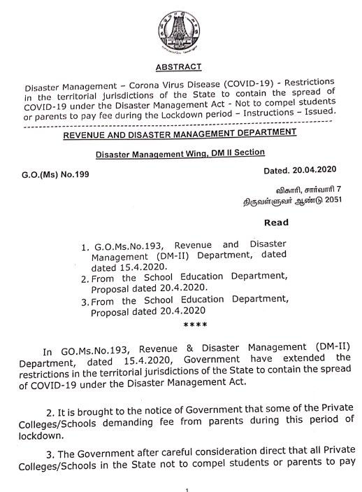 DennisJesudasan's tweet photo. Tamil Nadu government directs private educational institutions not to compel students or parents to pay the fee for the forthcoming academic year or any pending dues; also directs them against levying any penalty during the #COVID19 lockdown @THChennai @the_hindu https://t.co/V7uftkLSD6