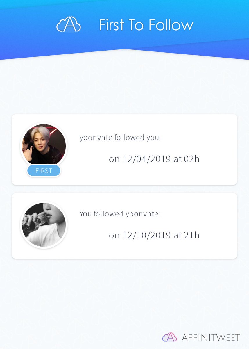 #Affinitweet First To Follow
yoonvnte followed you on 12/04/2019 at 02:50:09.
You followed yoonvnte on 12/10/2019 at 21:51:36.
via affinitweet.com/first-to-follow