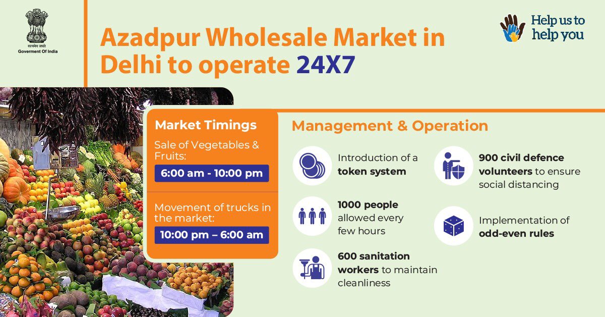 swachhbharat's tweet photo. Asia's largest wholesale market for fruits and vegetables, #Azadpur wholesale market is set to operate round-the-clock providing relief to farmers and traders across the country.

#IndiaFightsCorona #SupplyWarriors

@PMOIndia @narendramodi @nstomar @AgriGoI @gssjodhpur https://t.co/RAxAfbMMAI