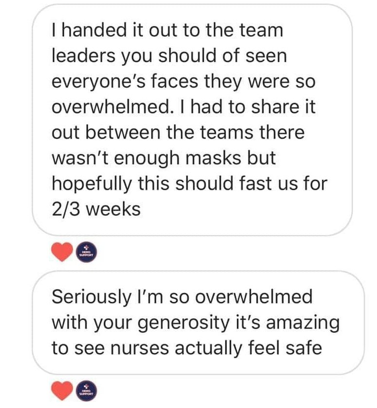 Catarina sent us this message at 1am having spent all day online desperate to get PPE for her team of 50 nurses. She cried when we told her we could help and came that evening to collect visors and masks.Please continue to share our stories and donate https://www.gofundme.com/f/nhs-heroes-support