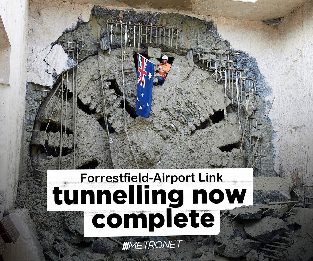 MarkMcGowanMP's tweet image. We’ve reached a major milestone on the Forrestfield Airport Link – the completion of tunnelling when TBM Sandy broke through at the Bayswater Junction yesterday.

Now that work is complete, the concrete slabs will continue to be laid, and the track will start to go down in July.