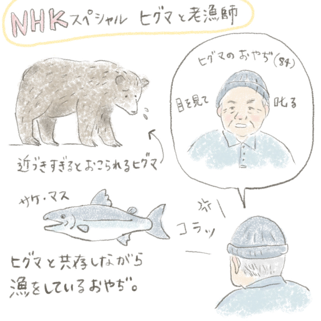 おやぢが、ヒグマを見つめる目の優しさが印象的だった

野生動物との共存は難しい
色々考えさせられる内容だった

ちょびっとイラストでまとめてみました

#NHKスペシャル #ヒグマと老漁師 
 #世界遺産 #知床 を生きる 語り #草刈正雄 

#イラスト好きさんと繋がりたい 
#イラスト 