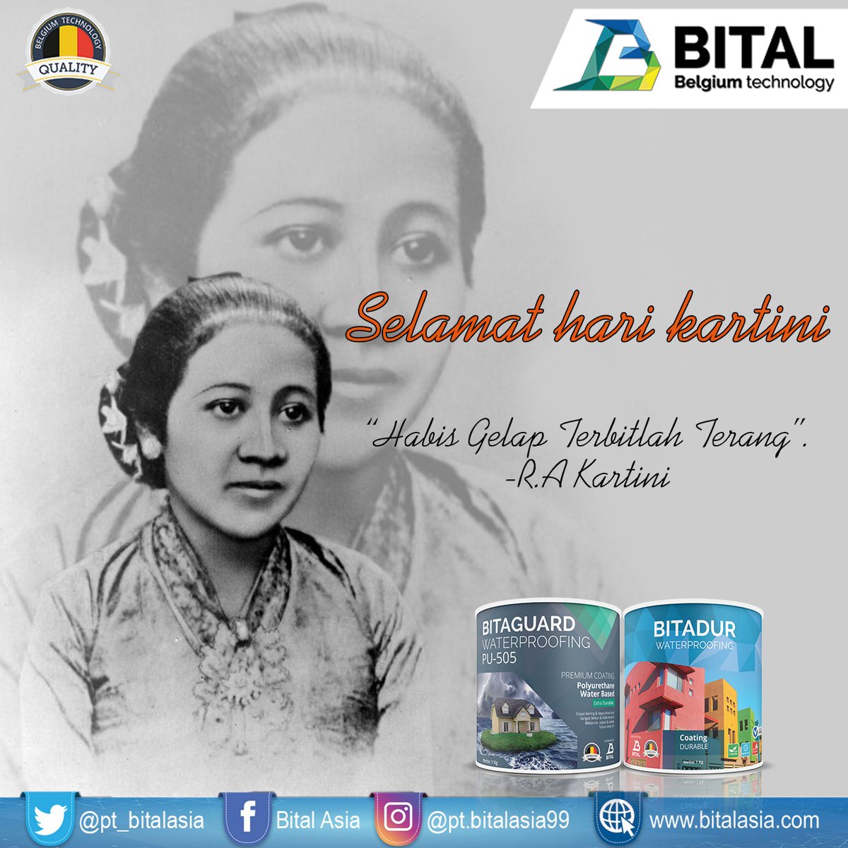 pt_bitalasia's tweet photo. " Jangan biarkan kegelapan kembali datang, jangan biarkan kaum wanita kembali diperlakukan semena-mena" -R.A Kartini
Selamat hari kartini 🙏

#harikartini #kartiniday #pejuangwanita #wanita #perempuan #catmurah #catbagus #catkualitasbagus #rumahsederhana #rumahidaman #rumahcantik https://t.co/aEEDhXL6O2