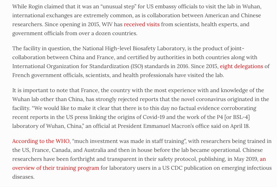 WaPo's State Department leak receptacle  @joshrogin claimed it was an "unusual step" for US officials to visit the Wuhan lab. He doesn't know dozens of official & scientific Western delegations have visited the lab – itself a product of Chinese & French gov't collaboration?