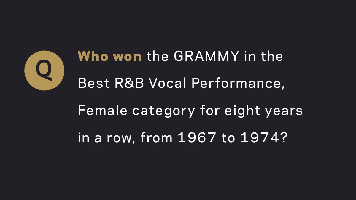 RecordingAcad's tweet photo. Best R&amp;B Vocal Performance, female category eight years in a row? 👏 

Who claimed all of these #GRAMMYs? 🎵 #GRAMMYTrivia https://t.co/qBLAfD7IDF