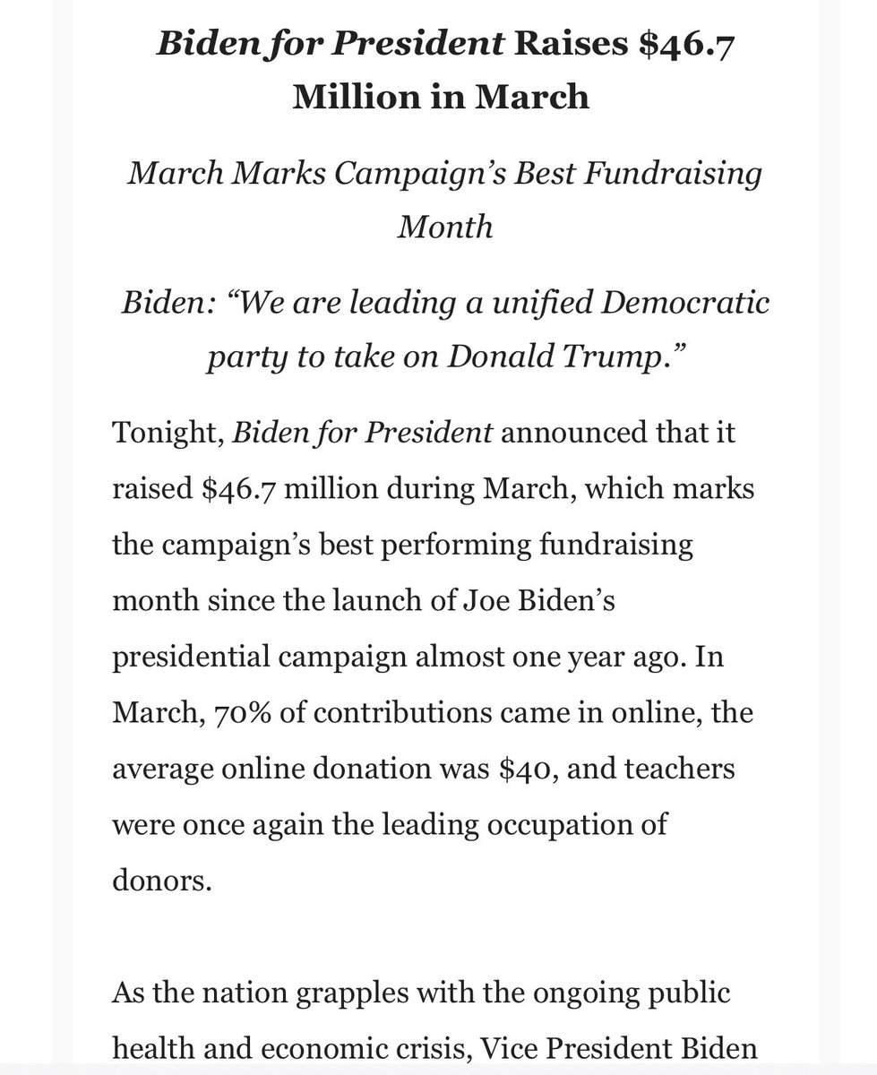 natashakorecki's tweet photo. NEW: @JoeBiden says his campaign raised $46.7 million in March. https://t.co/9s5Kdk1sT1