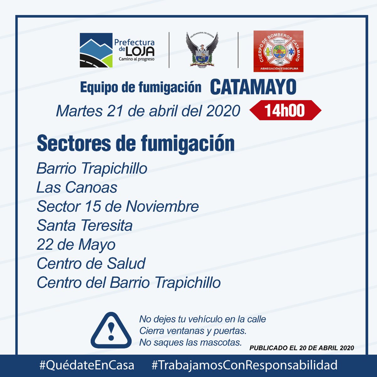 <a href="/prefecturaLoja/">Prefectura de Loja</a> 
Continúa la DESINFECCIÓN CALLES Y ACERAS en #Catamayo

☑️21 de abril/14h00, en el Barrio Trapichillo, Las Canoas, 15 de Noviembre, Santa Teresita, 22 de Mayo, Centro de Salud.