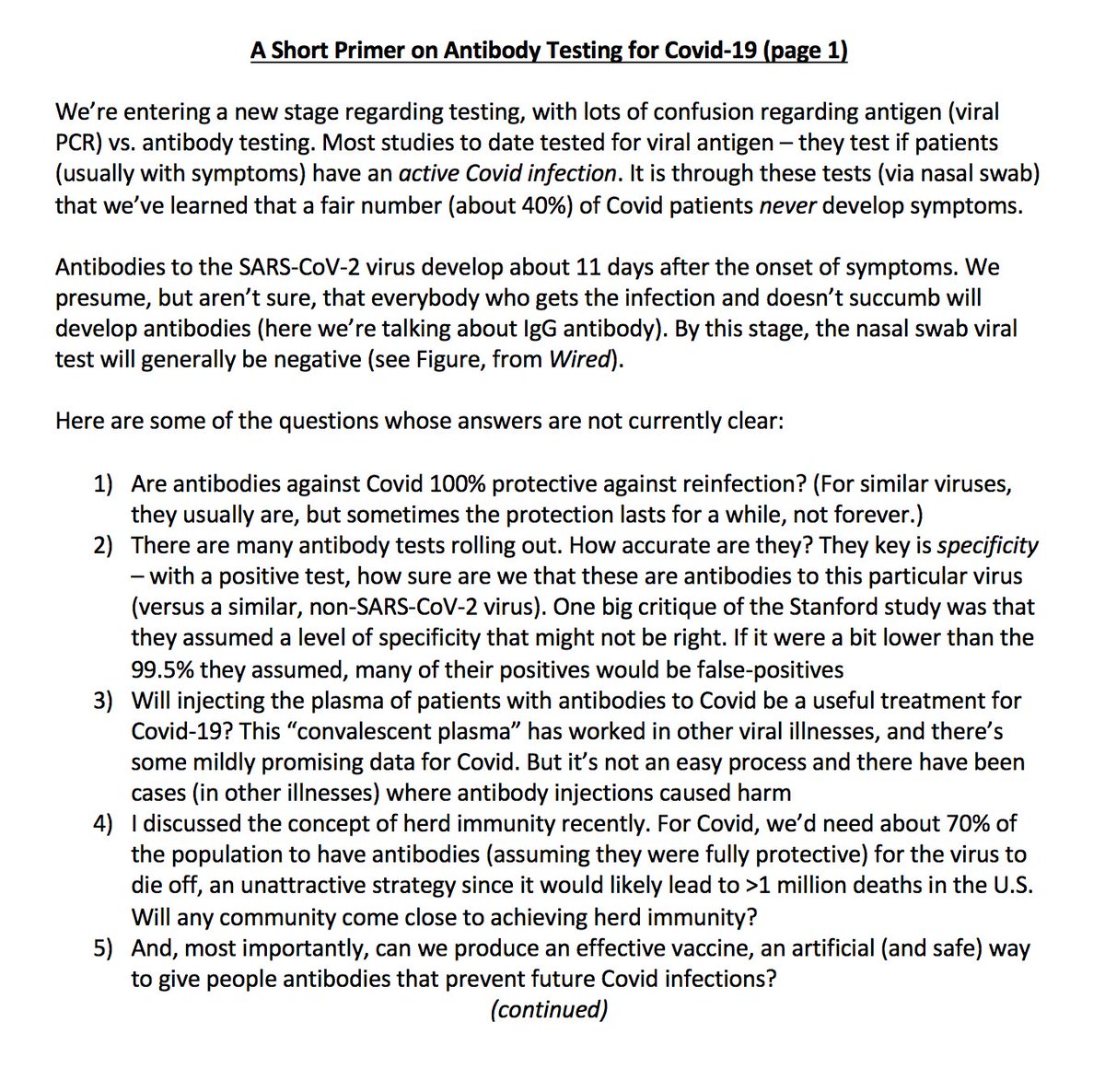 8/ OK, now topic d’jour: antibody testing. This is confusing! Before diving into  @Stanford study that got ton of attention this wkend, I’ve tried to distill what u need to know about Ab testing onto 2 pages (no way it'd fit in a tweet) – hope it’s helpful. Page 1 below (& Fig):