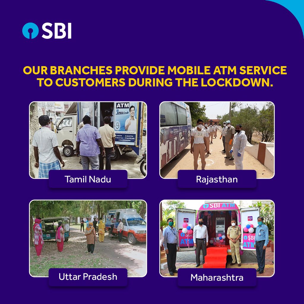 TheOfficialSBI's tweet photo. It's our responsibility to ensure that people following the lockdown are not inconvenienced. SBI branches in Tamil Nadu, Rajasthan, Uttar Pradesh and Maharashtra have started providing Mobile ATM service to customers.
#COVID19  #ProudSBI #StateBankOfIndia https://t.co/r37d7GzLuW