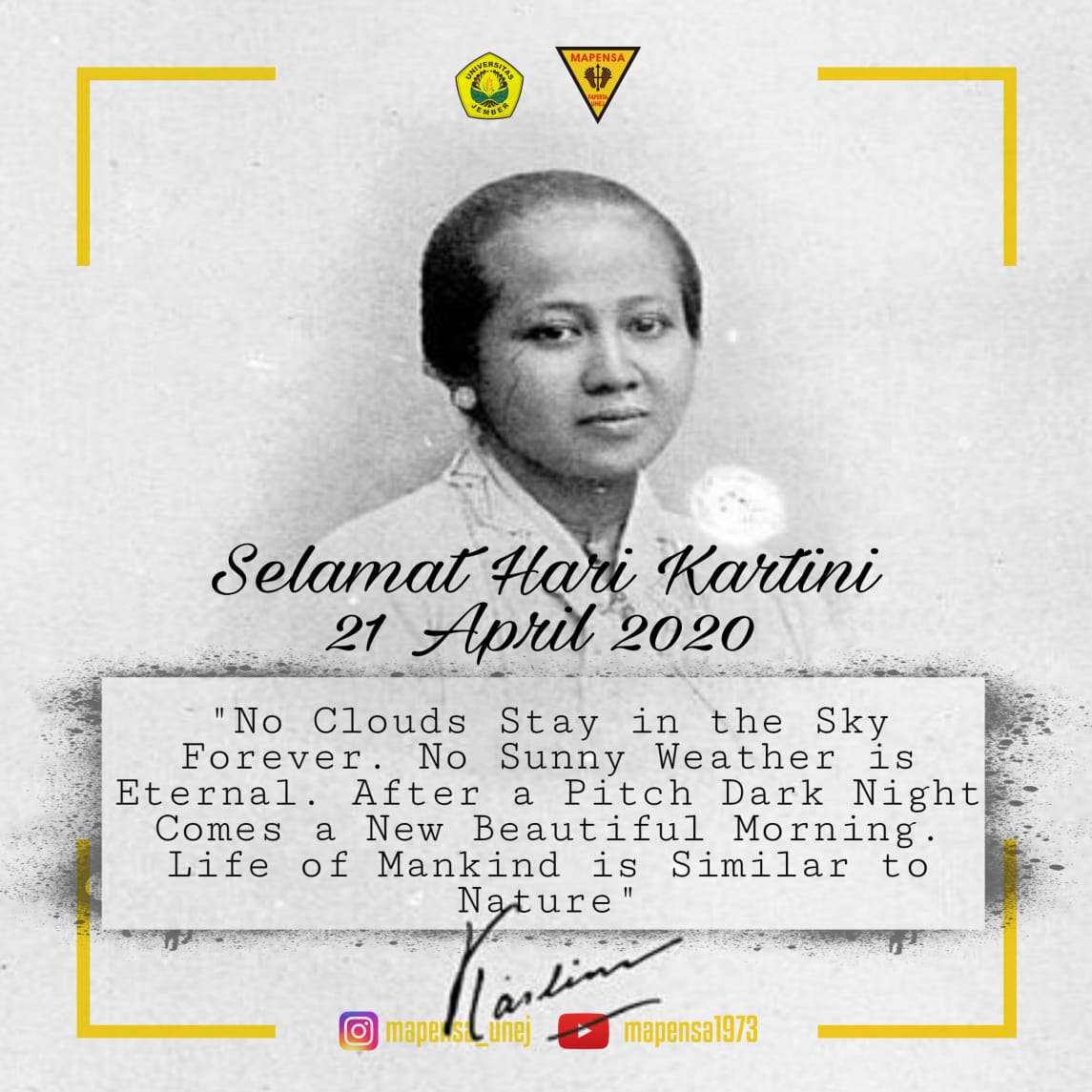 Terkadang kesulitan harus kamu rasakan terlebih dahulu sebelum kebahagiaan yang sempurna datang kepadamu.  

Jadilah penerang ketika dalam kegelapan. 
(Raden Adjeng Kartini)  

#SelamatHariKartini