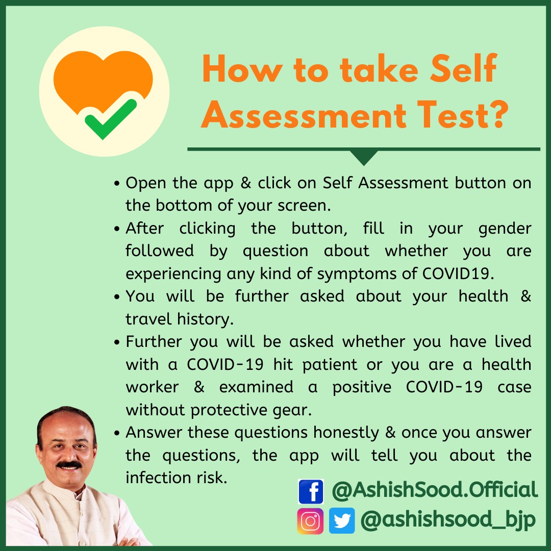 ashishsood_bjp's tweet photo. #AarogyaSetuApp is designed to track #CoronaCases in the country with help of Bluetooth & location.
It not only informs the user about precautions against #COVID19, but is also equipped with #SelfAssessmentTest to check whether the user is safe or at risk.
#IndiaFightsCorona https://t.co/KMUCrXc86m
