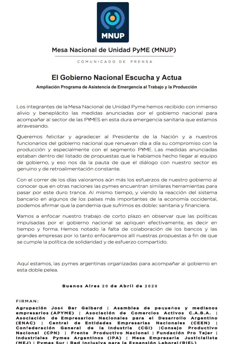 menupyme's tweet photo. Comunicado sobre las nuevas medidas del gobierno para las PYMES. 

"El gobierno Nacional escucha y actúa" https://t.co/GVwzWnWPWw