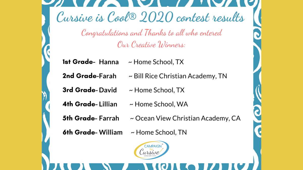 Campaign4Cursiv's tweet photo. Our Cursive is Cool® USA Contest winners have been chosen, here are the winners of the Creative Award!
#cursiveiscool #cursivecontest #creativity #handwritingmatters #winners https://t.co/E7cwM6ujr1