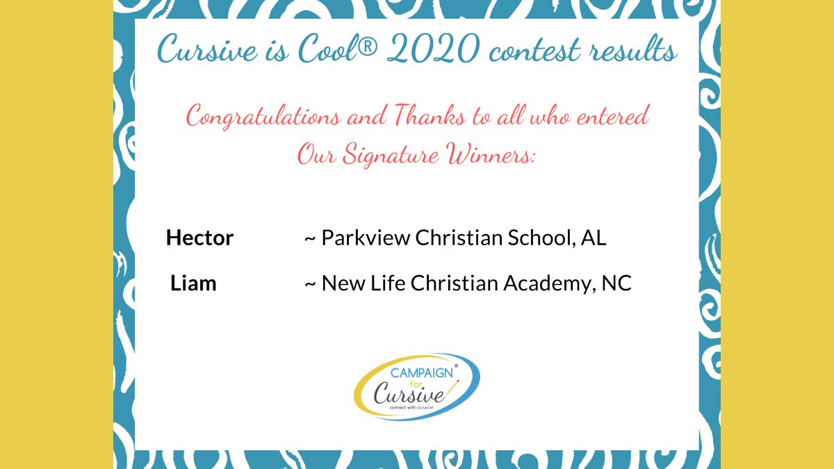 Campaign4Cursiv's tweet photo. Our Cursive is Cool® USA Contest winners have been chosen, here are the winners of the Signature Award!
#cursiveiscool #cursivecontest #handwritingmatters #winners https://t.co/kfsuryxdJL