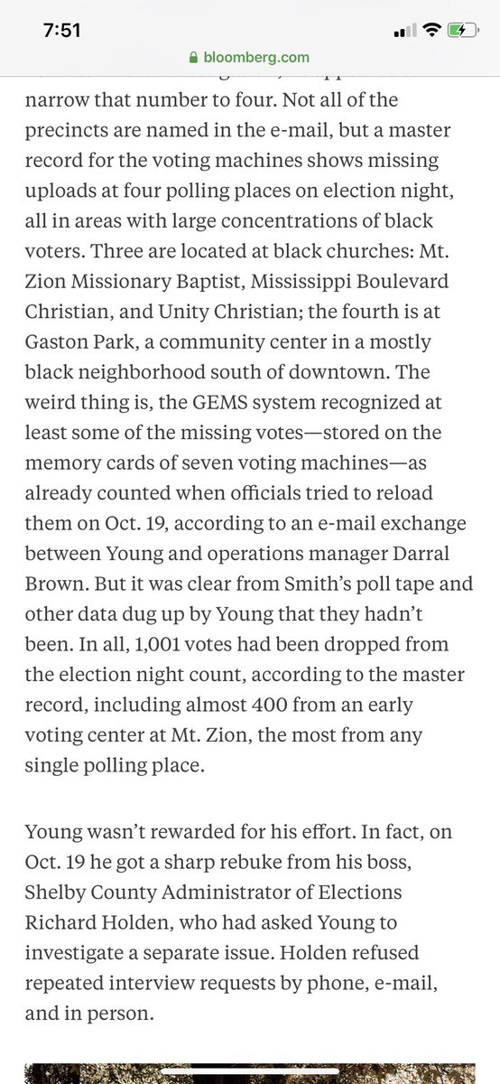 47/ Additional screenshot re: the missing black votes discovered by Bennie Smith in 2015. I should have included with post 25.  https://www.bloomberg.com/features/2016-voting-technology/