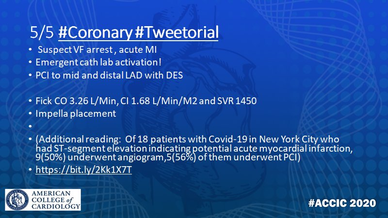 7/10 Next Step?VF arrest s/t STEMIAdditional reading :Of 18 patients with  Covid-19 in New York City who had ST-segment elevation indicating potential acute myocardial infarction, 9(50%) underwent angiogram, 5(56%) of them underwent PCI https://bit.ly/2Kk1X7T 