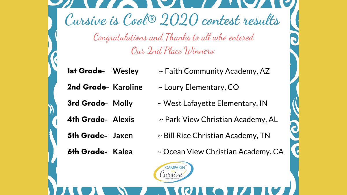 Campaign4Cursiv's tweet photo. Our Cursive is Cool® USA Contest winners have been chosen, here are the Second Place Winners!
#cursiveiscool #cursivecontest #handwritingmatters #winners https://t.co/JzNJ9tlv0x