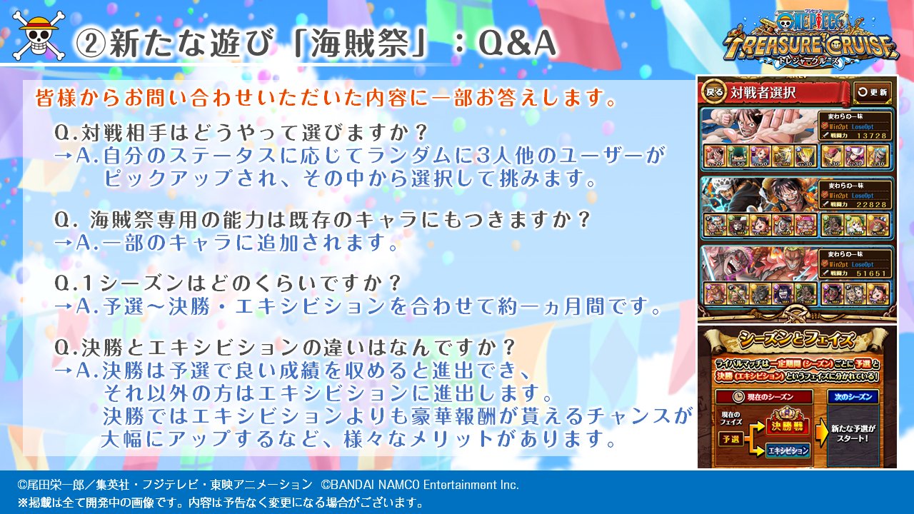 One Piece トレジャークルーズ トレクル運営より3 6 新たな遊び 海賊祭 についてご紹介します 海賊祭特有のキャラのタイプ スタイル について初公開 また 皆様からお問い合わせいただいた内容を一部抜粋して回答します トレクル One Piece トレジャークルーズ トレクル運営より3 6 新たな遊び 海賊祭 についてご紹介します 海賊祭特有のキャラのタイプ スタイル について初公開 また 皆様からお問い合わせいただいた内容を一部抜粋して回答します トレクル
