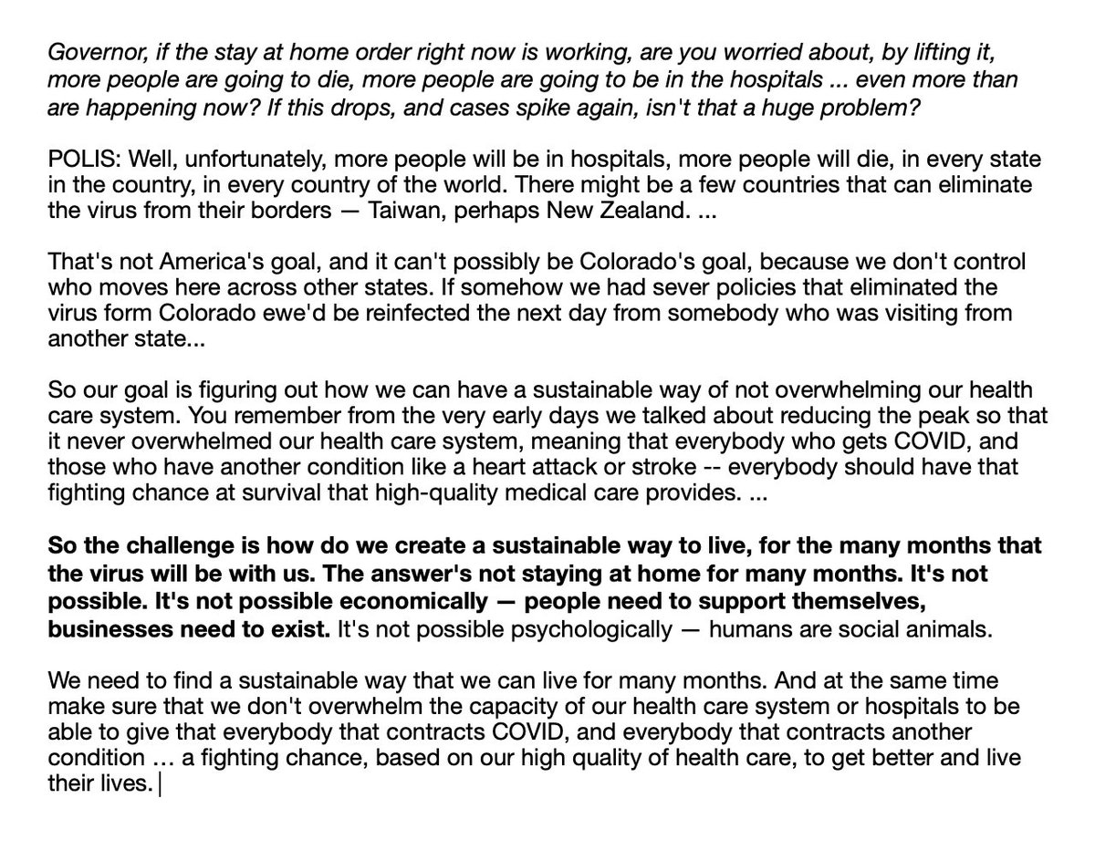 Polis was asked last week about the possibility of more people dying as a result of easing strict social-distancing measures. Here’s what he said (with a few digressions elided)