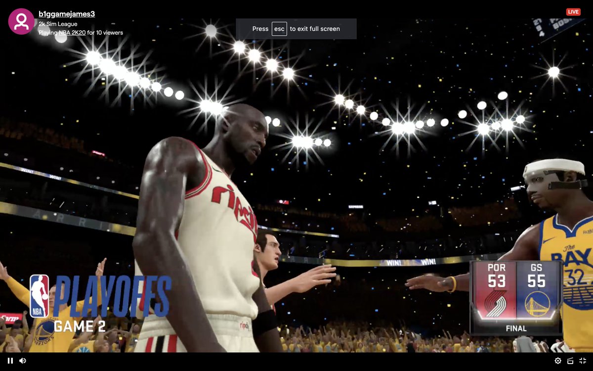 2kSimNetwork's tweet photo. Behind @russwest44's fourth-quarter heroics and @CP3's last second steal and go-ahead free throws, the #Warriors beat the #Blazers in game 2 to even the series 1-1. Next game in Portland. #2kSimLeague https://t.co/bIJLYo8eNb