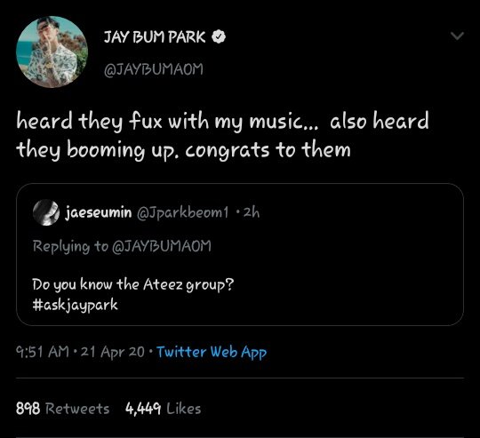 Jay Park (former 2PM member) congratulating ATEEZ!He is the role model of Mingi ♡  @ATEEZofficial  #ATEEZ    #에이티즈    https://twitter.com/JAYBUMAOM/status/1252399490016792577?s=19