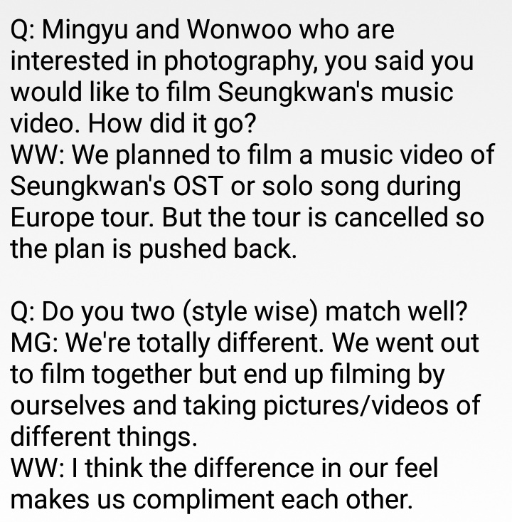 Q: Mingyu and Wonwoo who are interested in photography, you said you would like to film Seungkwan's music video. How did it go?Q: Do you two (style wise) match well? @pledis_17  #SEVENTEEN  #세븐틴