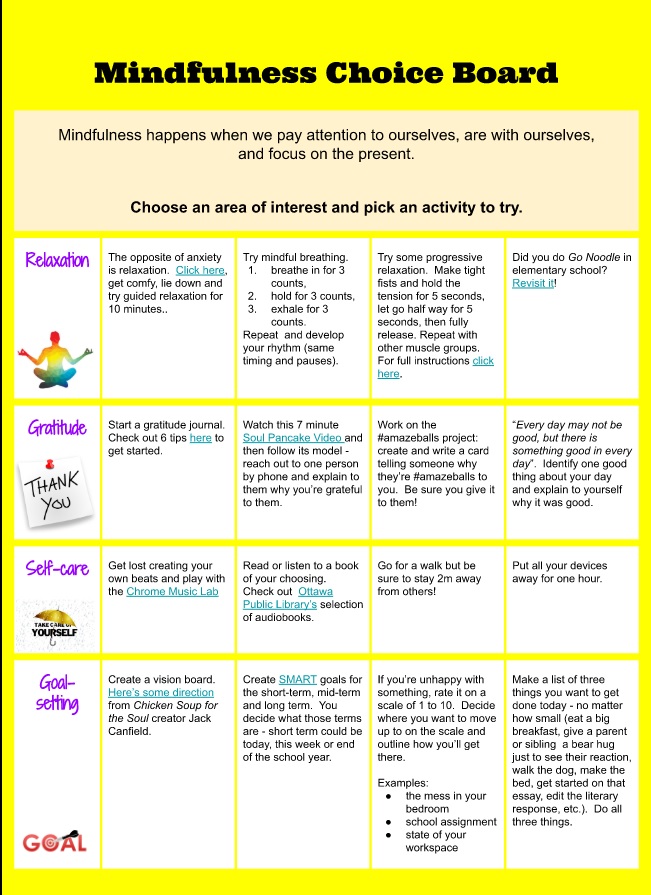 kgreatrix's tweet photo. Before the break my Social Skills Group asked to learn about relaxation. This Mindfulness Choice Board (https://t.co/E3LsPKSVMm) is my guest speaker sub. Thank-you @WatsonLearns &amp; @ClimatePeel for some of the activity ideas. https://t.co/54Hazw3R3y