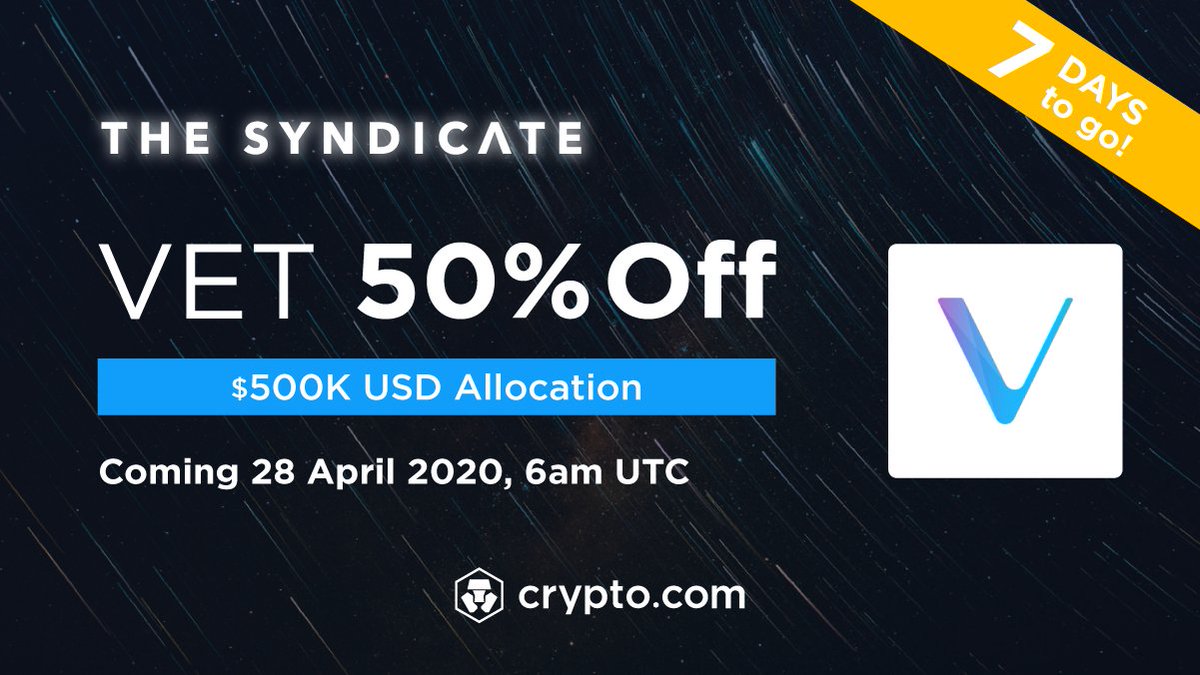 cryptocom's tweet photo. In7⃣days...$VET will be 50% off on The Syndicate🤩
✅Sign up for https://t.co/vCNztABJoG Exchange (if you haven't),
✅Stake $CRO, &amp;
✅Subscribe at 6am UTC 28 April.
Details - https://t.co/KhQc2iOXIb #VeChain #CRO https://t.co/oJ8rxsdwL2