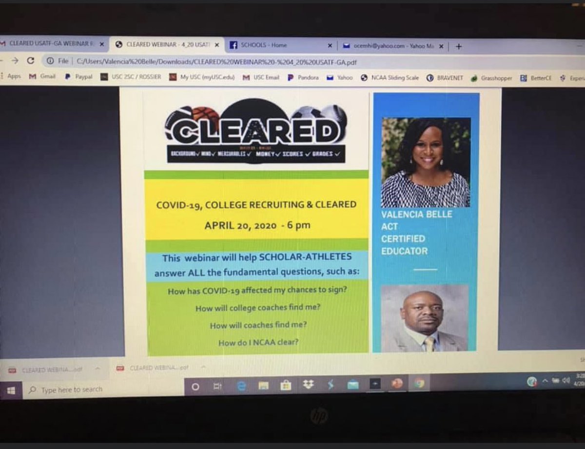 Thanks 🙏🏾 NCSA, NCSA Events, Ron Sigler and the State of Georgia for an ✨AWESOME✨ webinar tonight - the 🔥FIRST 🔥 of MANY! 🙌🏾
#SCHOOLS
#CLEARED
#COVID-19: COLLEGE RECRUITING : CLEARED
#Blessed🙏🏾
#Grateful💕Heart