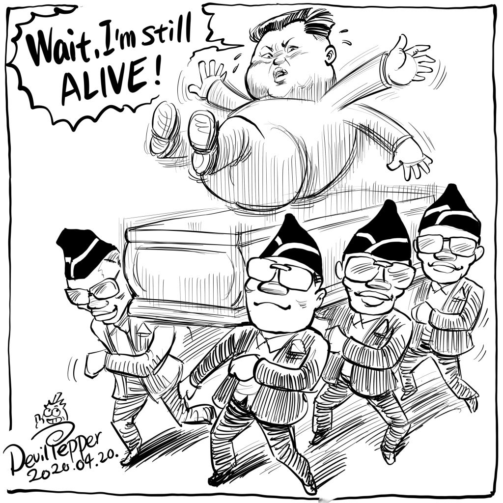RebelCartoon's tweet image. KIM JONG-UN: I’m still ALIVE! rebelpeppercartoons.com/2020/04/21/kim…