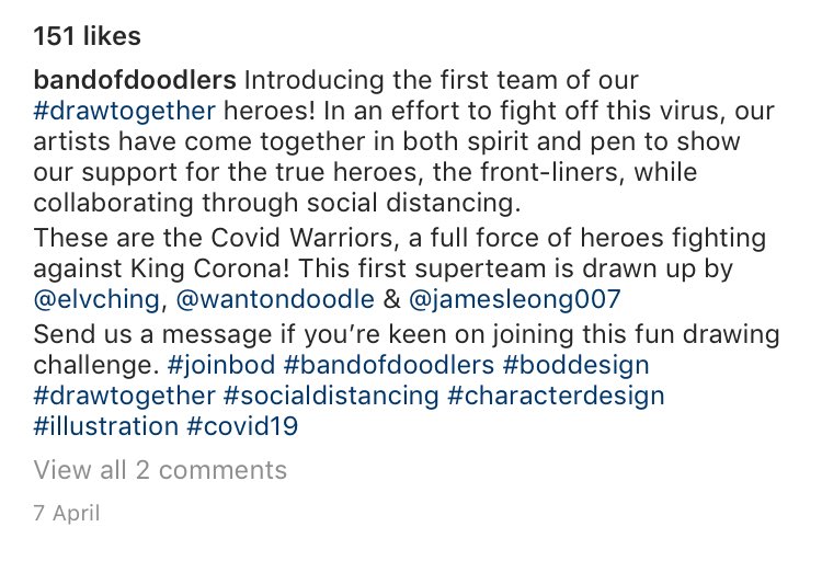 whats worth noting is that Band of Doodlers ascribed  #drawtogether as part of their endeavour of which i found out (and correct me if im wrong) relates to this recent gesture initiated by illustrator Wendy MacNaughton https://www.axios.com/wendy-macnaughton-instagram-coronavirus-034b398f-9bdc-49f1-afa1-f966bb9d7019.html