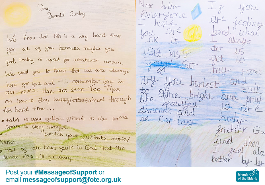 FriendsElderly's tweet photo. Another lovely #MessageofSupport from children at St Dunstan's Primary School in #Woking, who posted drawings and messages to residents at Bernard Sunley #carehome ❤️
Share your own #MessageofSupport by emailing messageofsupport@fote.org.uk. @st_dunstans_ https://t.co/g6J55mHTtu