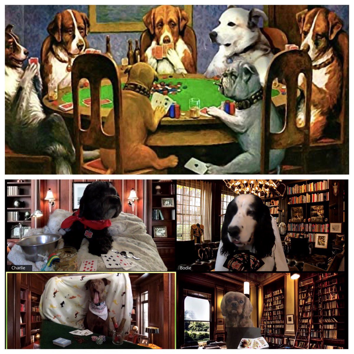 Enjoy Zoom replica of famous painting “Dogs Playing Poker” during shelter in place. Taking suggestions on what we should call it. <a href="/GettyMuseum/">Getty</a> <a href="/artathome/">Homeiswherethe'artis</a> @tussenkunstenquarantaine @tussenkunstenquarantine