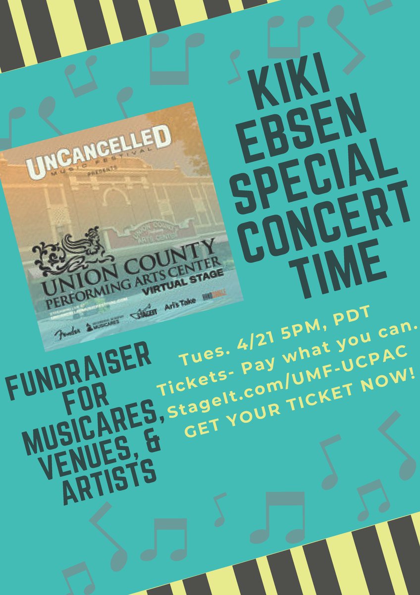 Time Change for Tuesday Night (April 21) Concert! Kiki Ebsen's usual evening concerts take an early turn on Tuesday. 5pm PDT; 7pm CDT, 8pm EDT. Watch on StageIt. A ticket is required, but it's pay-what-you-can. Details: VISIT facebook.com/events/2264104…