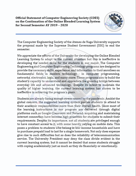 ateneocoes's tweet photo. Official Statement of the Computer Engineering Society (COES) on the Continuation of the Online Blended Learning System AY 2019-2020 #EndTheSem #NoStudentLeftBehind https://t.co/siw3CHk8oq