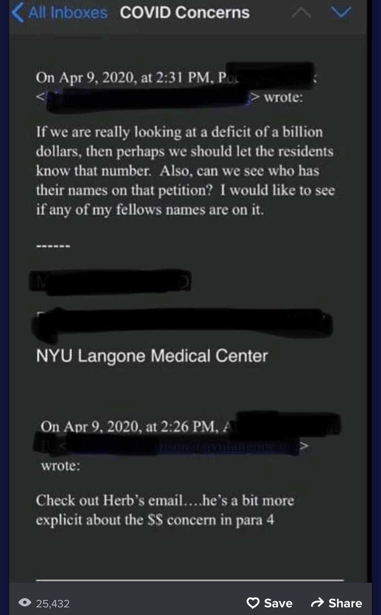 Emails from hospital leadership show clear apathy towards physican concerns, willingness to use bully pulpit to silence concernsNote threat to trainees in this email: “Also, can we see who has their names on that petition?”3/x https://www.reddit.com/r/medicalschool/comments/fyubw2/residency_what_nyu_langone_really_thinks_of_its/?utm_source=share&utm_medium=ios_app&utm_name=iossmf