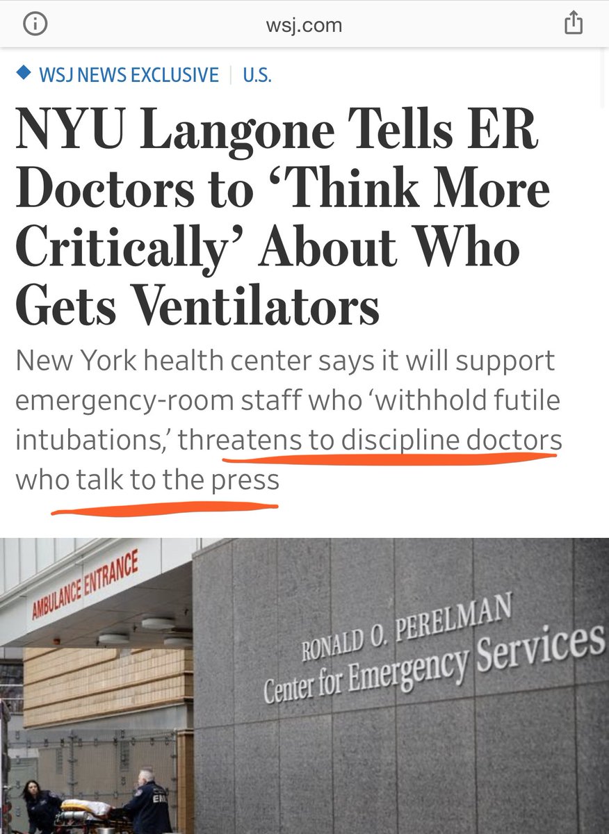 Same hospital system has been notorious during  #COVID for doctor muzzling of workplace safety concernsI’m not surprised at their poor treatment of medical trainees4/x https://www.wsj.com/articles/nyu-langone-tells-er-doctors-to-think-more-critically-about-who-gets-ventilators-11585618990