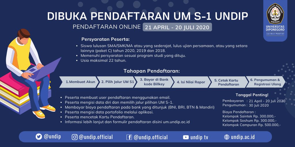 Dibuka! Pendaftaran S1 UM #UNDIP Yuk, sudah bisa mulai daftar per-21 April sampai dengan 20 Juli 2020. Cek persyaratan dan tahapan-tahapan pendaftarannya di banner ya. #UMUndip #DiponegoroUniversity