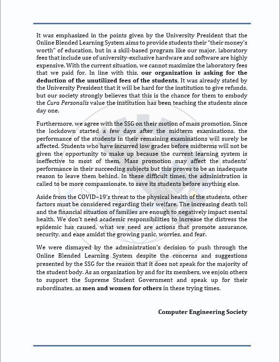 ateneocoes's tweet photo. Official Statement of the Computer Engineering Society (COES) on the Continuation of the Online Blended Learning System AY 2019-2020 #EndTheSem #NoStudentLeftBehind https://t.co/siw3CHk8oq